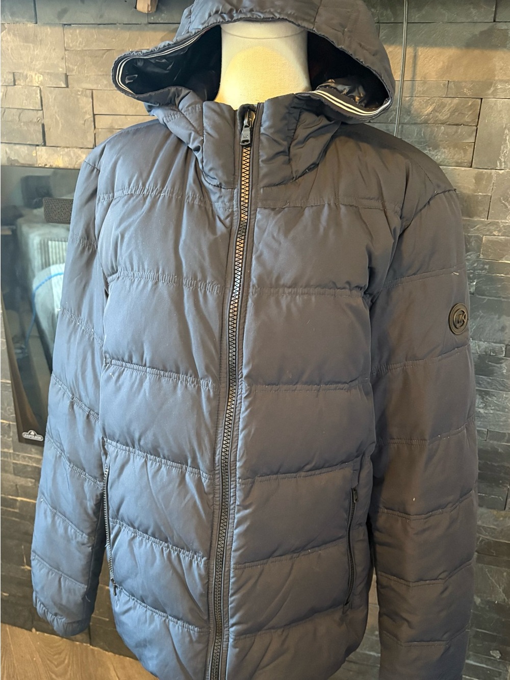 Michael Kors Navy Puffer Jacket with MK Logo Patch